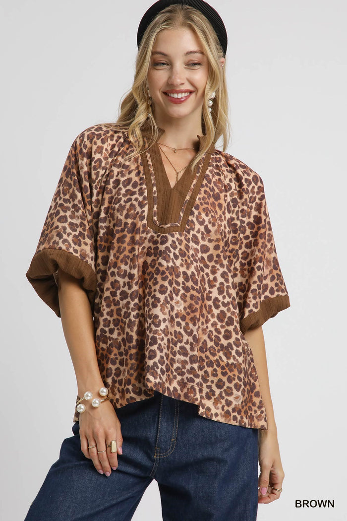 Leopard Print Pleated Sleeve Blouse