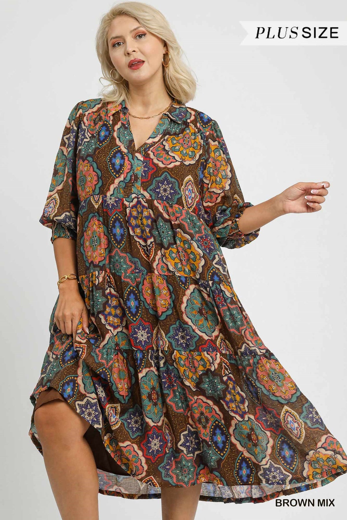 Plus Boho Print Tiered Midi Dress