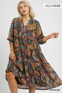 Plus Boho Print Tiered Midi Dress