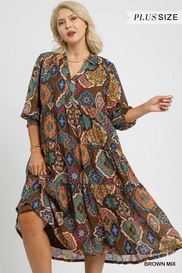 Plus Boho Print Tiered Midi Dress