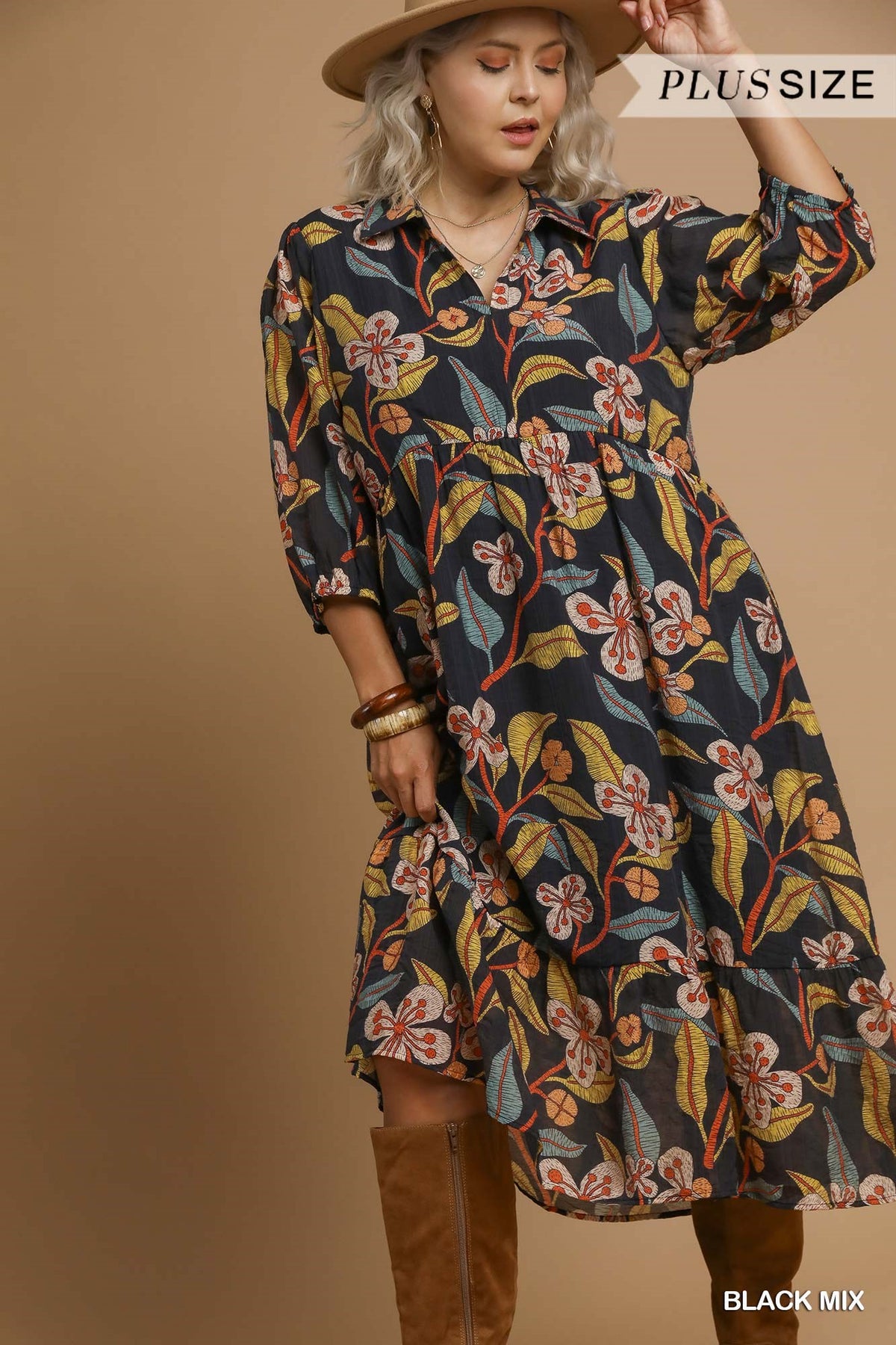 Plus Mix Floral Tiered Midi Dress