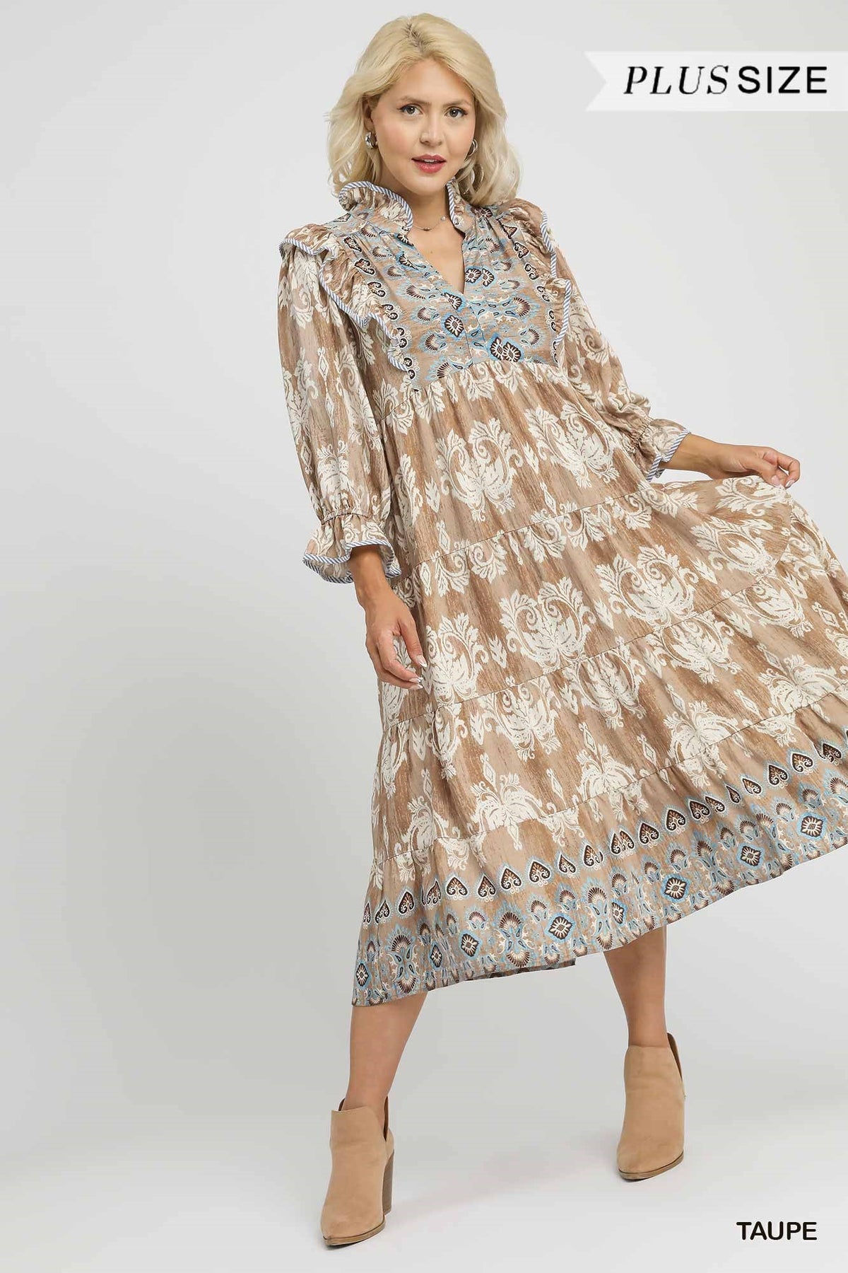 Plus Damask Ruffle Sleeve Midi Dress