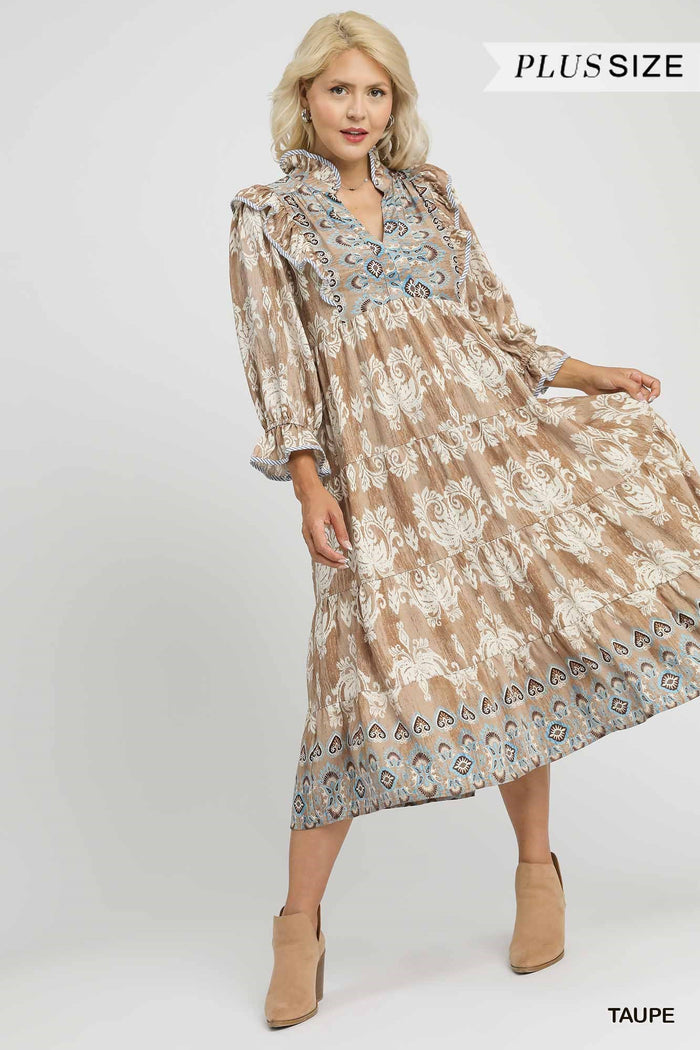 Plus Damask Ruffle Sleeve Midi Dress