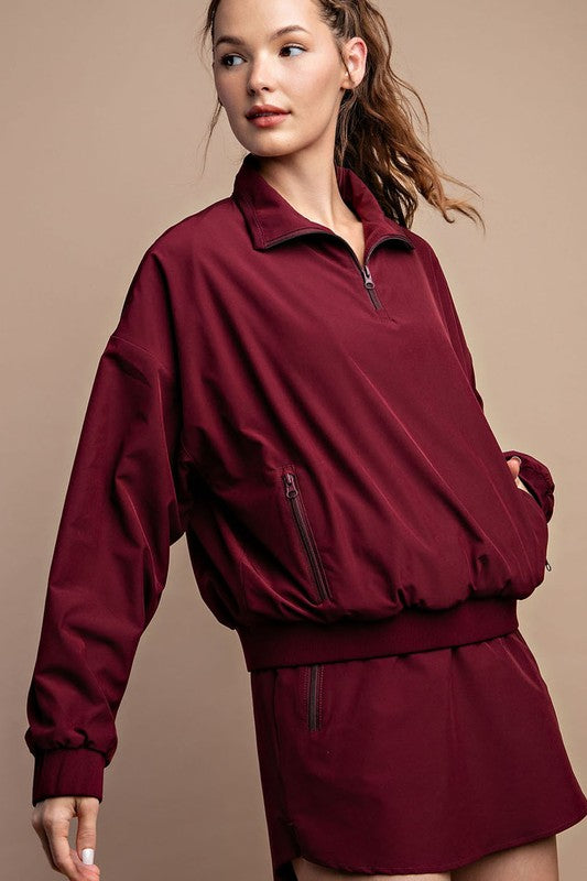 STRETCH WOVEN AND INNER FLEECE MOCK NECK PULLOVER