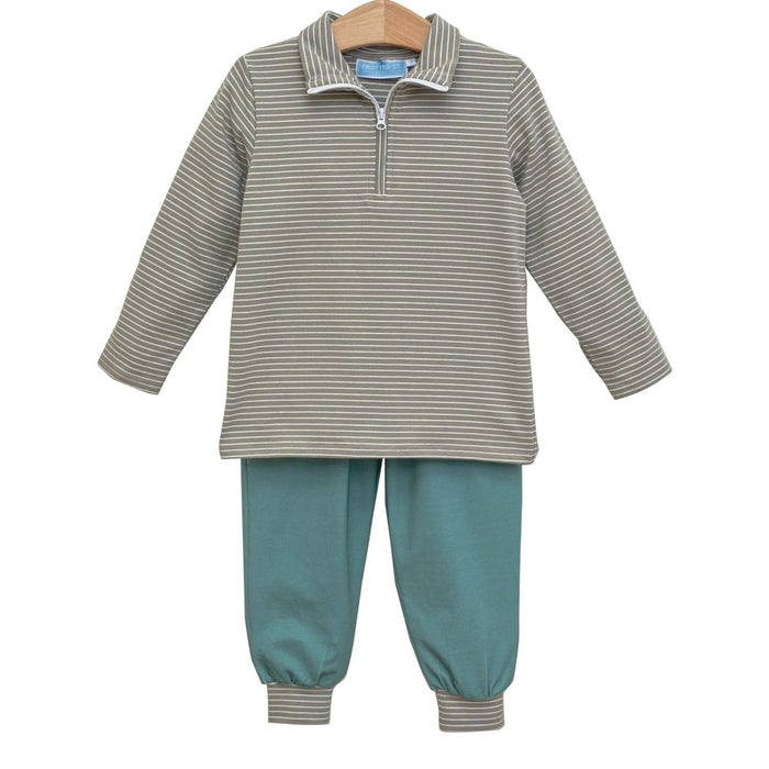 Trotter Street Tucker Pullover Set- Beige Stripe/Sage