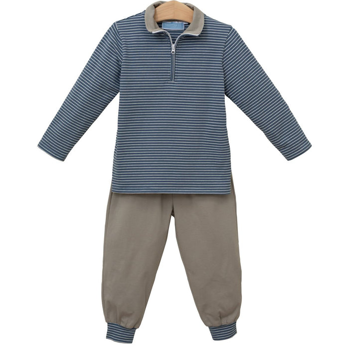 Trotter Street Tucker Pullover Set- Blue Stripe/Beige