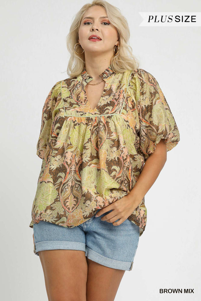 Floral Puff Sleeve Peasant Blouse