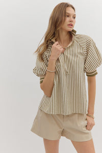 Stripe pattern half-zip closure short puff sleeve top
