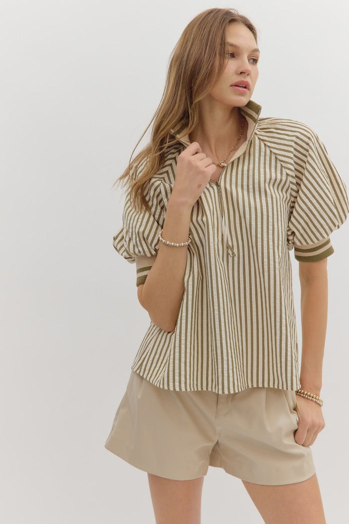 Stripe pattern half-zip closure short puff sleeve top