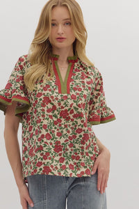 Floral print short ruffle sleeve top