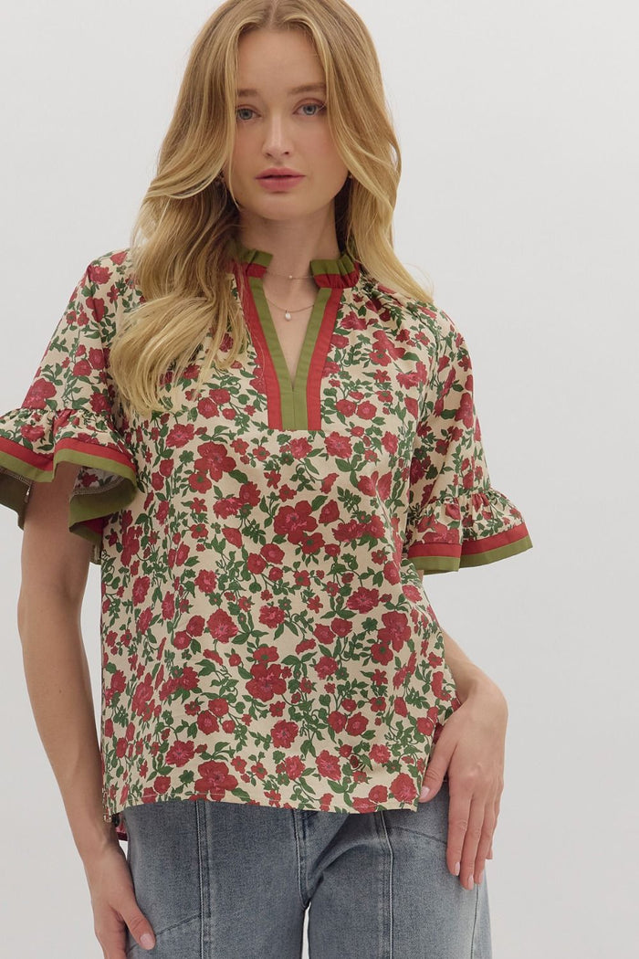 Floral print short ruffle sleeve top
