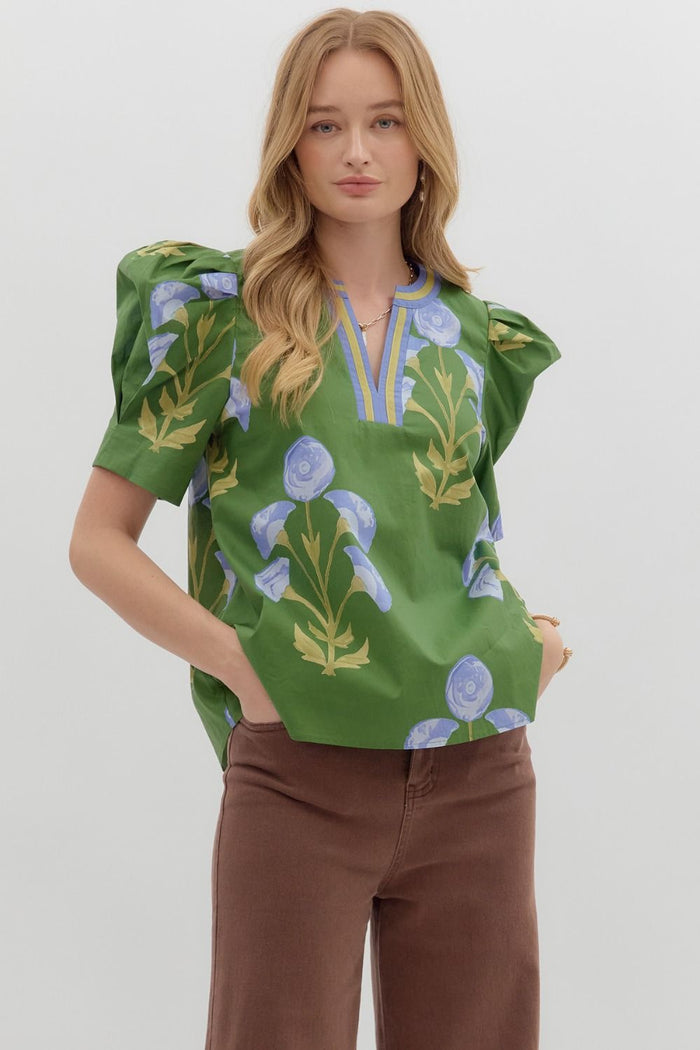 Floral print structured shoulder puff short sleeve top
