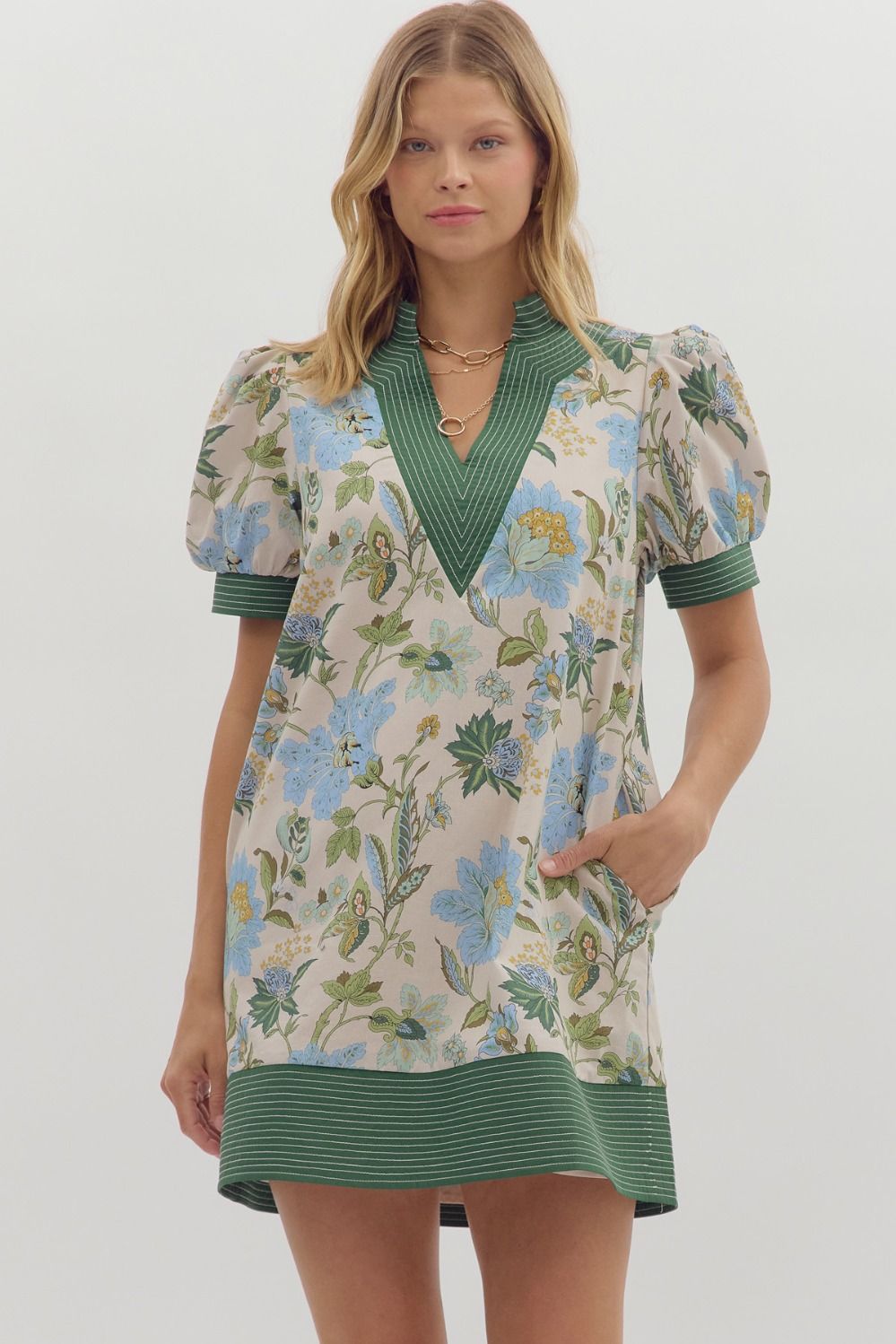 Floral print short puff sleeve pullover mini dress