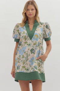Floral print short puff sleeve pullover mini dress