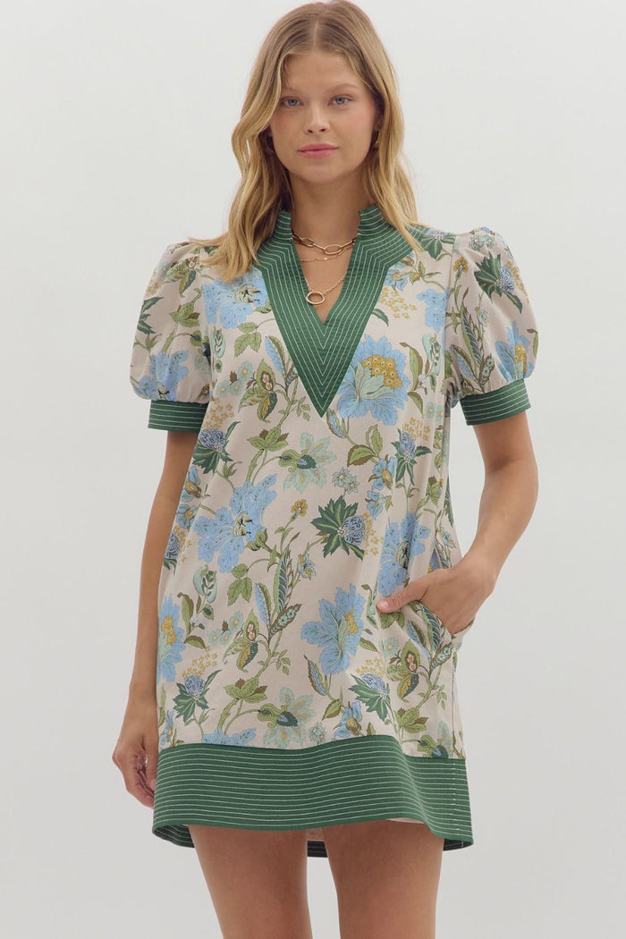 Floral print short puff sleeve pullover mini dress
