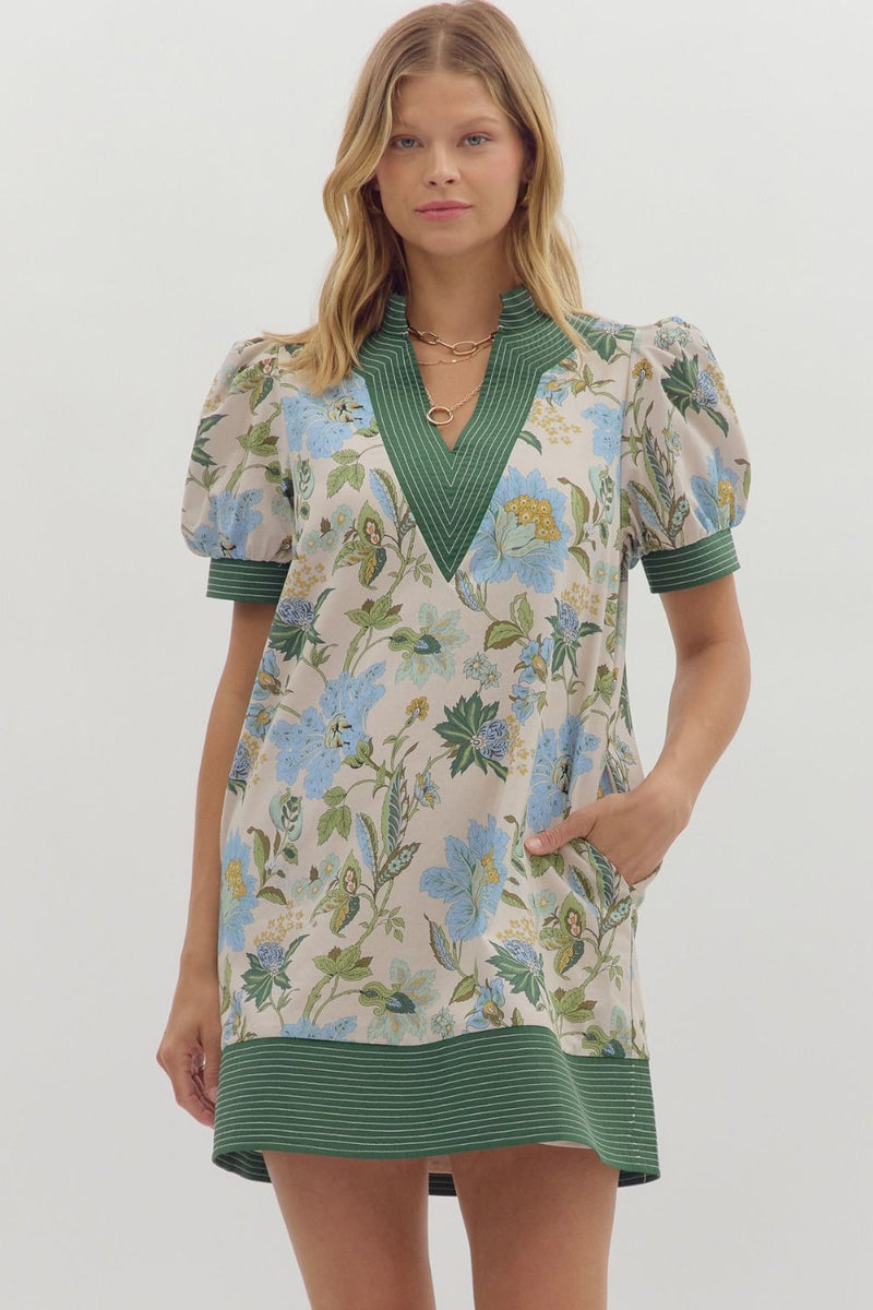 Floral print short puff sleeve pullover mini dress