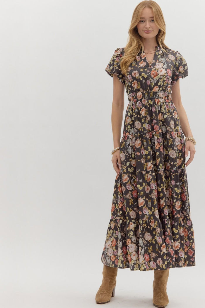Floral print short bubble puff sleeve pullover midi tiered dress.