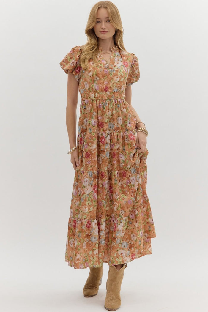 Floral print short bubble puff sleeve pullover midi tiered dress.
