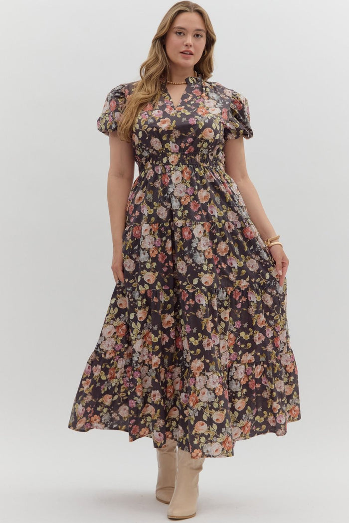 Floral print short bubble puff sleeve pullover midi tiered dress.