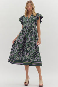 Multi-print midi dress featuring contrast accent binding detailing flutter sleeves and hem