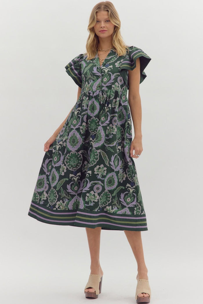 Multi-print midi dress featuring contrast accent binding detailing flutter sleeves and hem