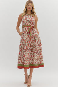 Floral print sleeveless midi dress featuring multicolor band finish midi dress.