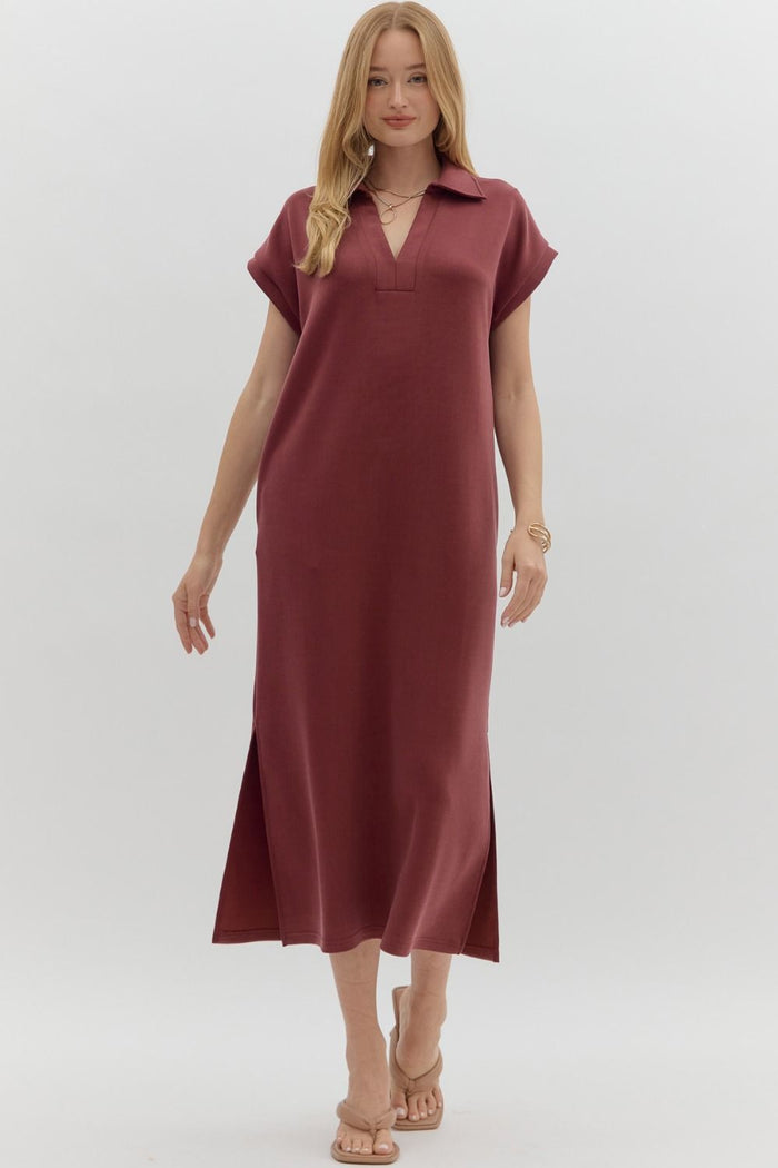 Solid knit split collar short sleeve midi pullover midi dress