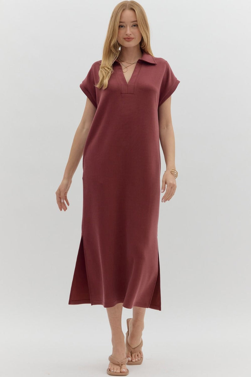 Solid knit split collar short sleeve midi pullover midi dress