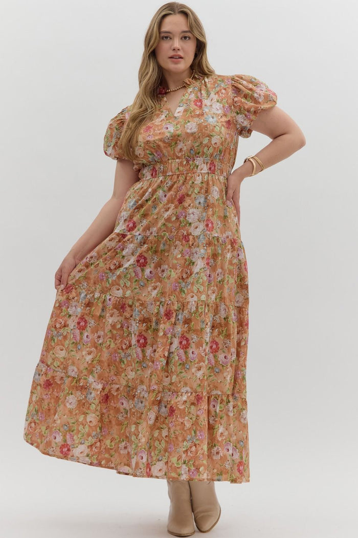 Floral print short bubble puff sleeve pullover midi tiered dress.