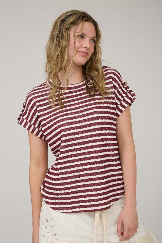 Stripe Textured Knit Short Tab Sleeve Knit Top