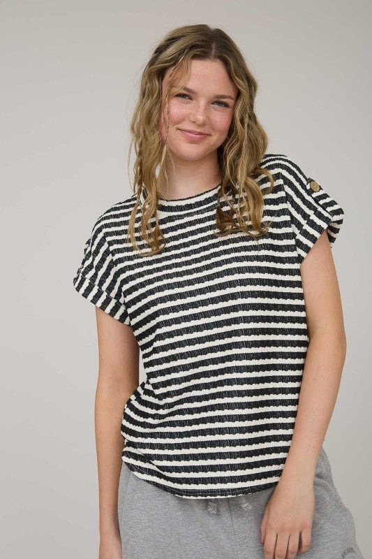 Stripe Textured Knit Short Tab Sleeve Knit Top