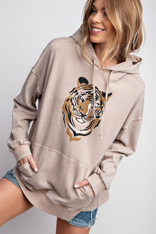 WASHED TERRY TIGER PRINTED PULLOVER HOODIE