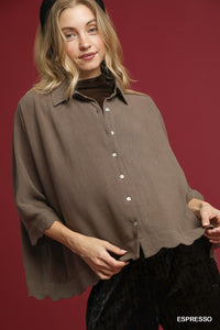 Linen Scallop Hem Button-Down Blouse