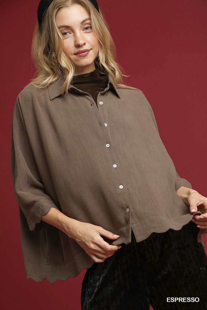 Linen Scallop Hem Button-Down Blouse