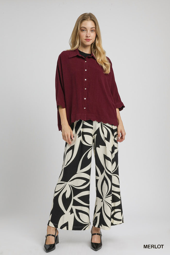 Linen Scallop Hem Button-Down Blouse
