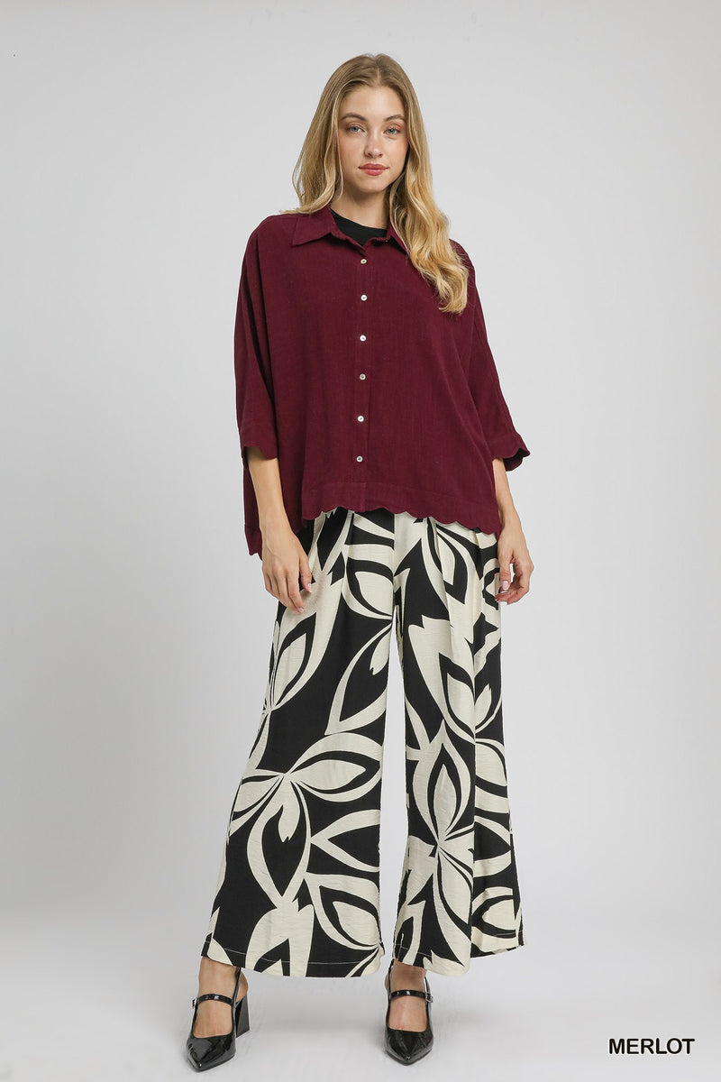 Linen Scallop Hem Button-Down Blouse