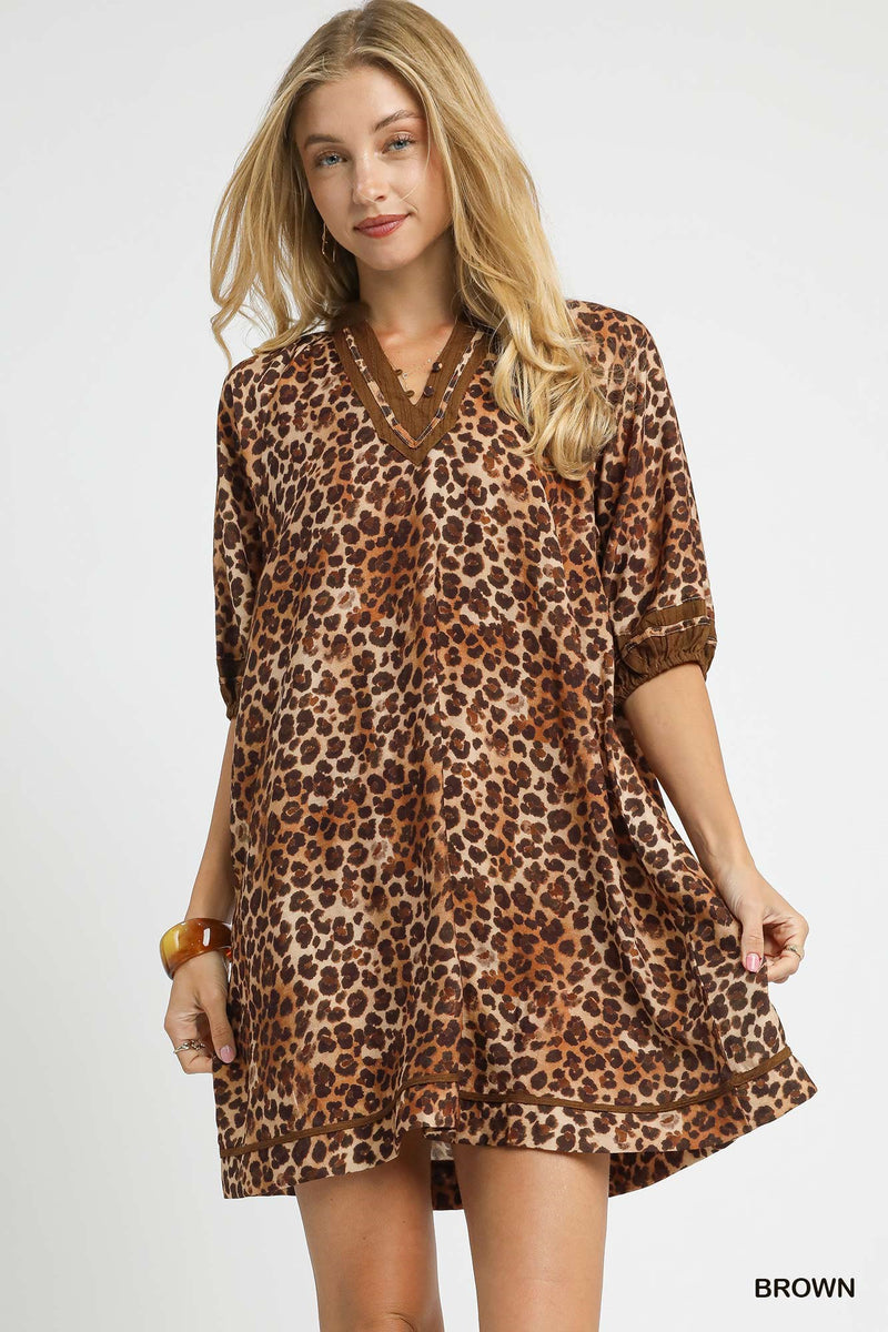 Leopard Print Mini Dress with Contrast Trim