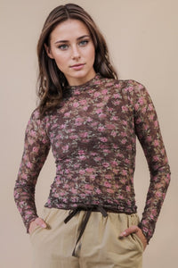 High Neck Fitted Sheer Mesh Lace Knit Top