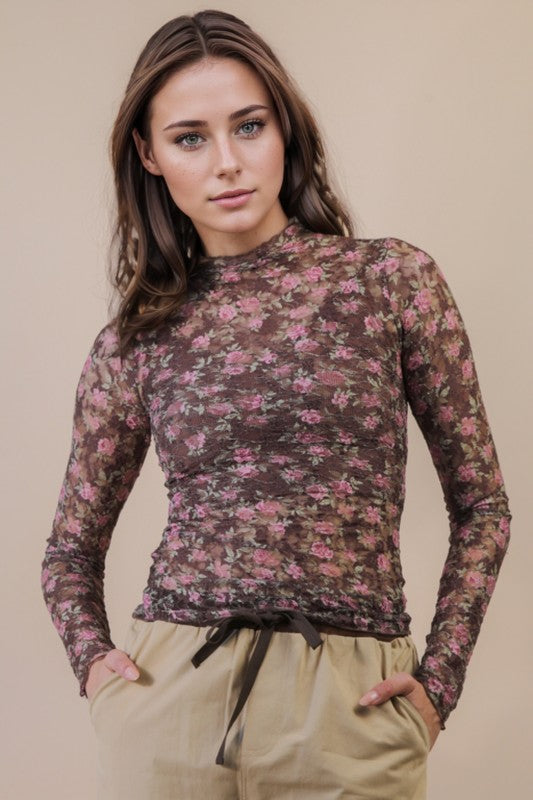 High Neck Fitted Sheer Mesh Lace Knit Top