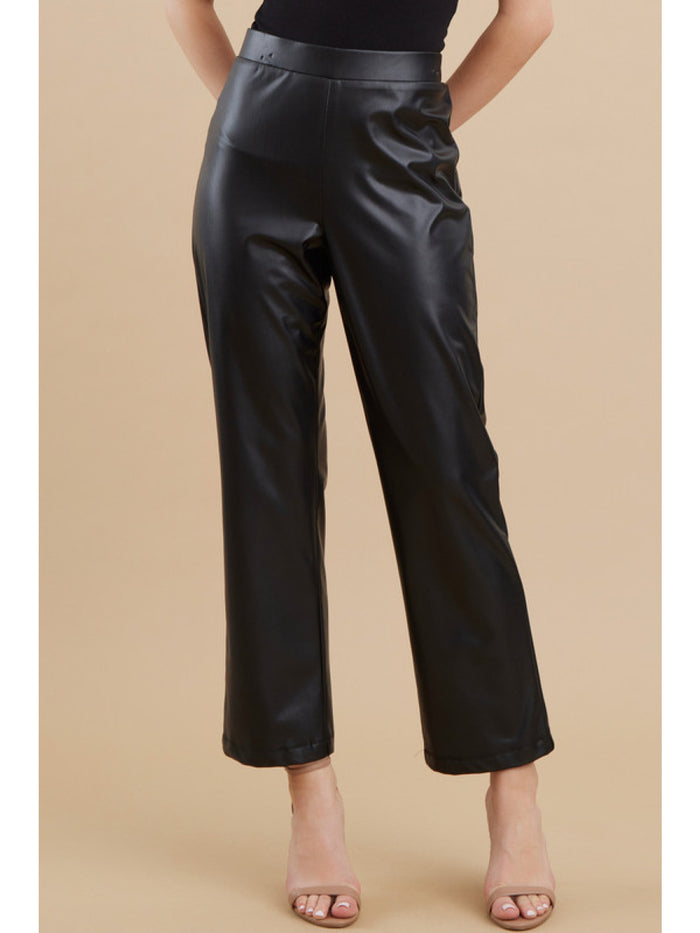 Solid faux leather flare pants with a high waistline and back stretch-band.