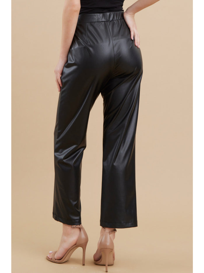 Solid faux leather flare pants with a high waistline and back stretch-band.