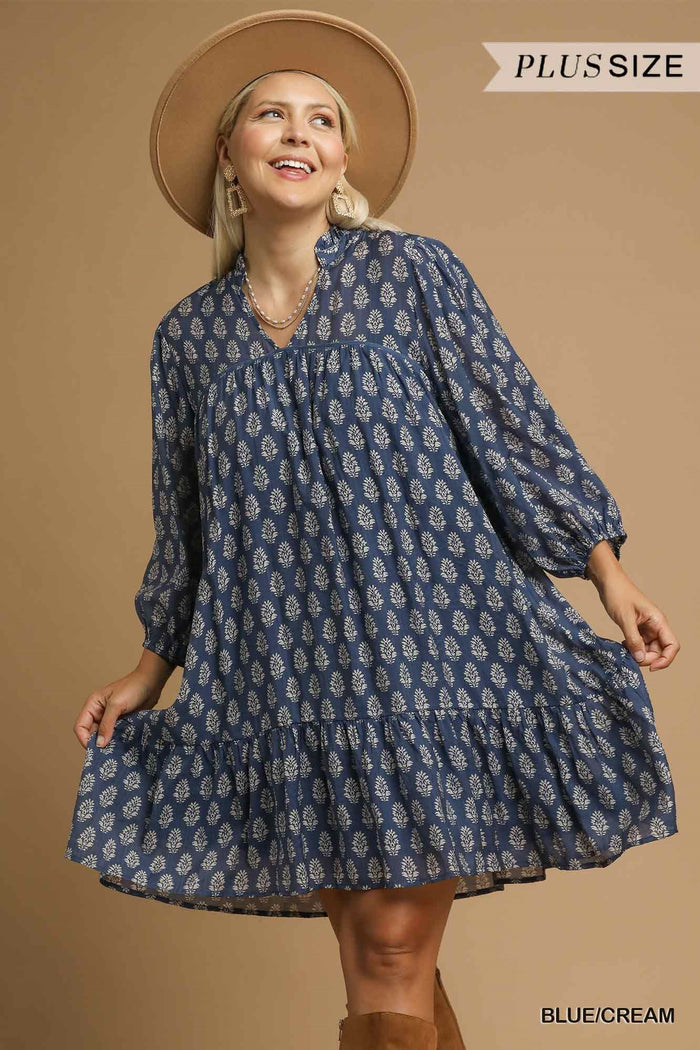 Block Print Boho Ruffle Mini Dress
