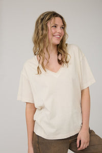Washed Raw Edge V Neck Short Sleeve Knit Top