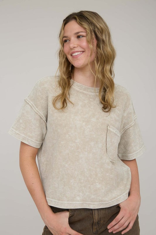 Washed Ribbed Short Sleeve Tee With Pocket
