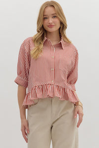 Stripe pattern cuff band ¾ sleeve ruffle hem button front closure top.
