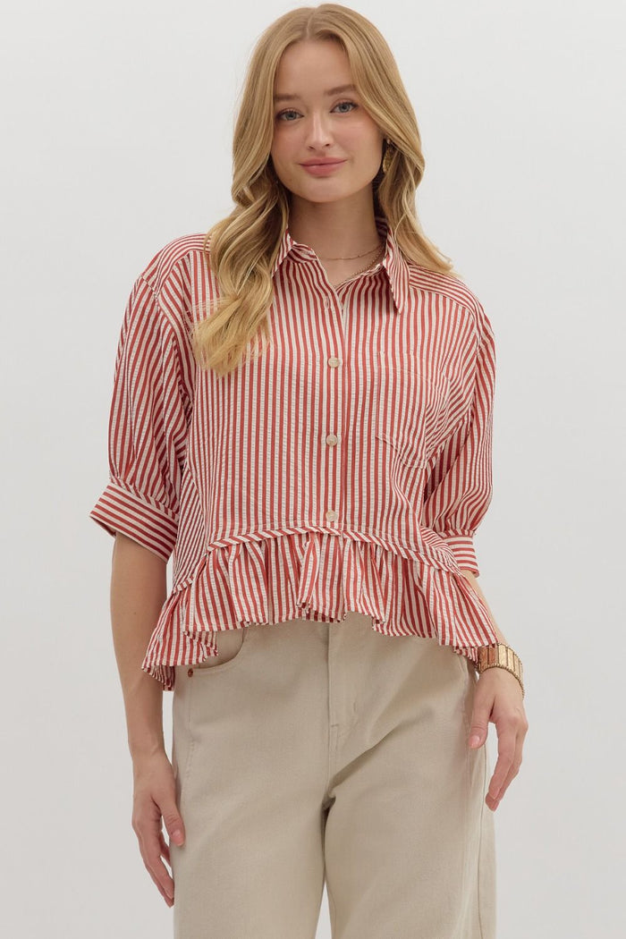 Stripe pattern cuff band ¾ sleeve ruffle hem button front closure top.