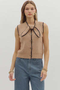 Solid sleeveless sweater knit button front knot closure top