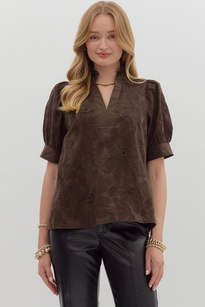 Floral embroidered short puff sleeve pullover top