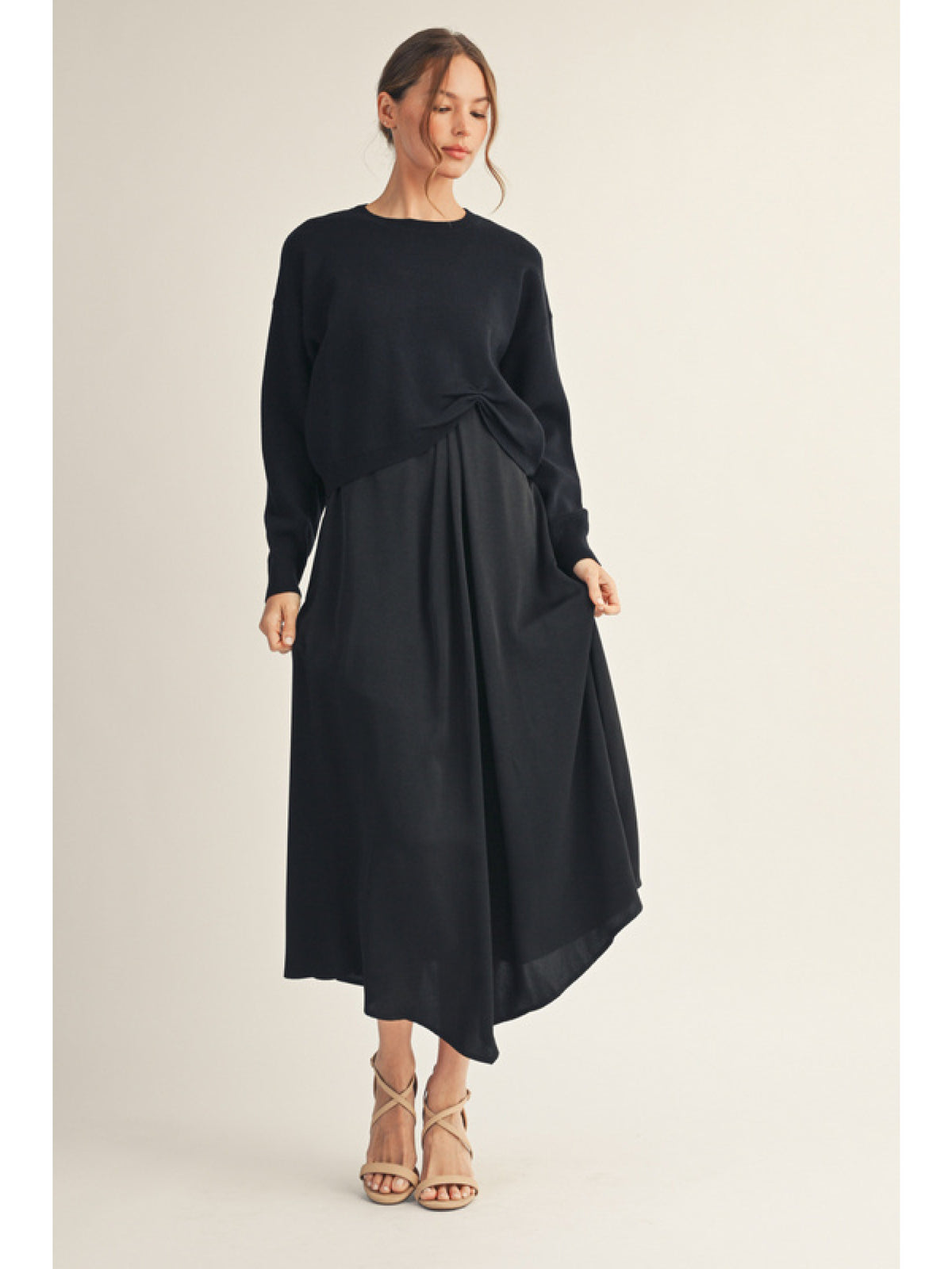 Long sleeves soft texture sweater w/ Sleeveless solid fabric mix match midi dress