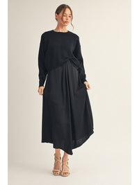 Long sleeves soft texture sweater w/ Sleeveless solid fabric mix match midi dress